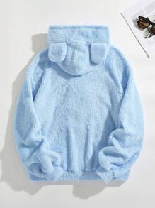 SHEIN EZwear 小熊刺繡 3D 耳朵設計落肩泰迪連帽衫 - 藍色 - 查看 7