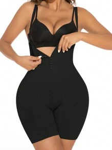 SHEIN Hook And Eye Shapewear Romper Without Liner - Black - View 5