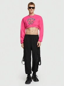 ROMWE MEN ROMWE Avant Guys Letter Graphic Drop Shoulder Crop Sweatshirt - Pink - View 2