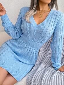 Cable Knit Drop Shoulder Sweater Dress - Blue - View 6