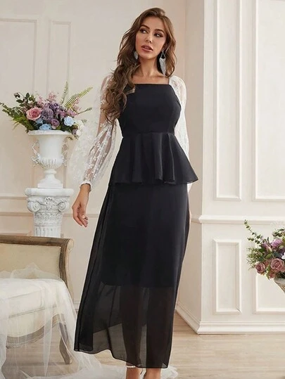 Contrast Mesh Sleeve Peplum Waist Dress