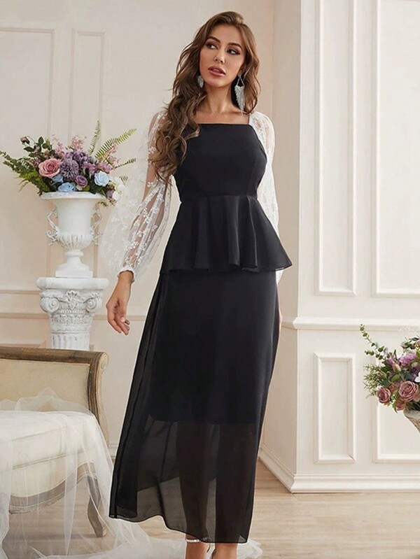 Contrast Mesh Sleeve Peplum Waist Dress