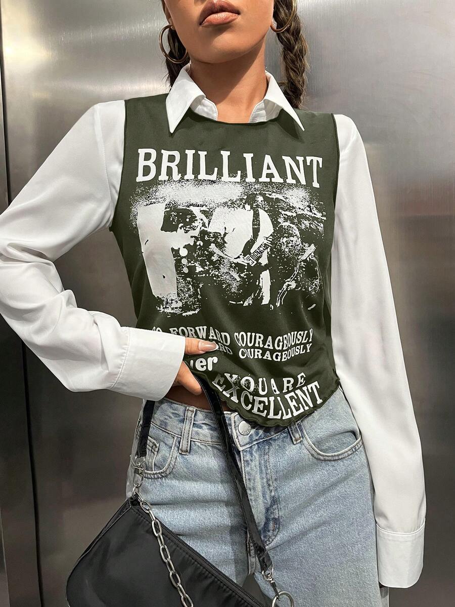 SHEIN EZwear Top tank con estampado de figura y slogan - Verde militar - Ver 1