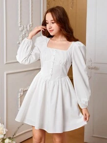 青少年女孩方領前紐扣燈籠袖洋裝 - 白色 - 查看 5