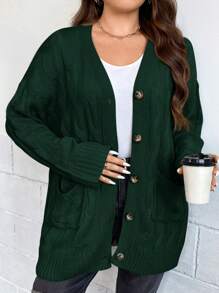 SHEIN Clasi Talla grande Cárdigan tejido de cable de hombros caídos con parche de bolsillo - Verde Oscuro - Ver 1