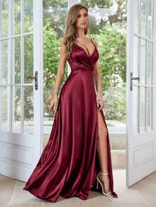 MUXXN Satin High Slit Formal Dress, Party Dress, Evening Gown, Cocktail Dress, Wedding Guest Dress - Burgundy - View 7