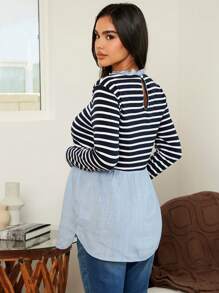 MaterniWear Maternity Striped Print 2 In 1 Nursing Top With Long Sleeve - Navy Blue - View 2
