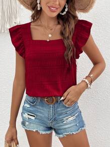 SHEIN VCAY Summer Beach Olid Pleated Fabric Square Neck Ruffle Trim Red Blouse - Burgundy - View 6