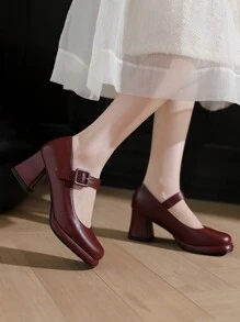 女性性感&時尚瑪麗珍鞋帶高跟鞋,紅色的方頭高跟鞋 - 酒紅色 - 查看 3