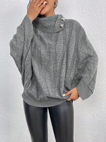 SHEIN Frenchy Turtleneck Batwing Sleeve Button Detail Sweater - Grey - View 1