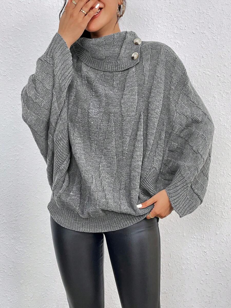 SHEIN Frenchy Turtleneck Batwing Sleeve Button Detail Sweater - Grey - View 1