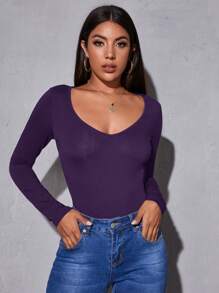 SHEIN Essnce 素色大圓領修身T恤 - 紫羅蘭色 - 查看 1