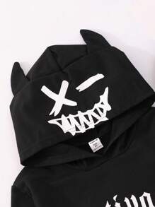 青少年男孩字母图案 3D 耳朵设计卫衣 - 黑色 - 查看 3