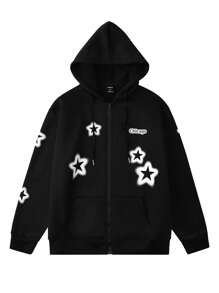 Manfinity Homme Nam In Chữ & Sao Dây kéo Dây rút Ngoại cỡ Hoodie - màu đen - Xem 1