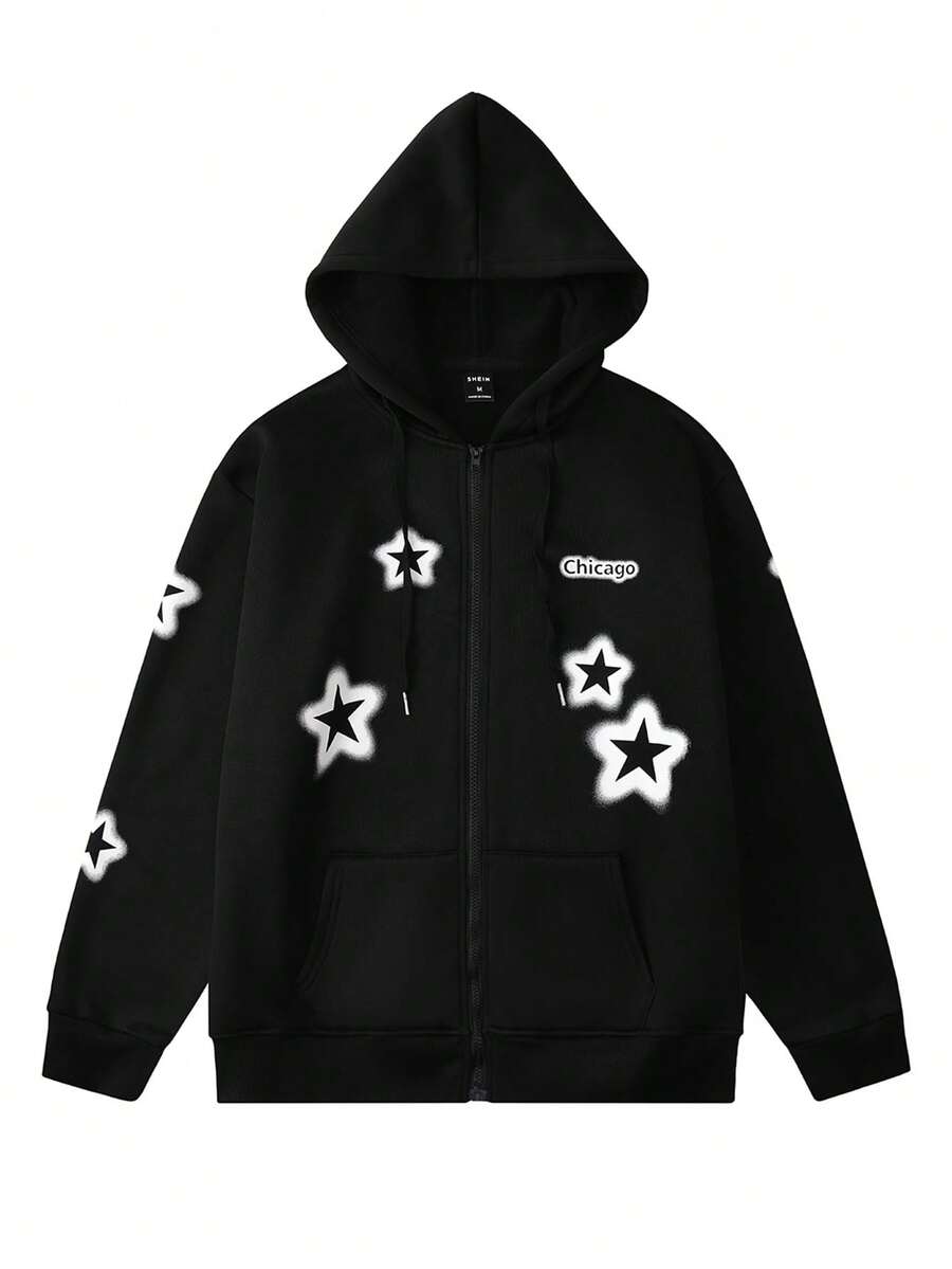 Manfinity Homme Nam In Chữ & Sao Dây kéo Dây rút Ngoại cỡ Hoodie - màu đen - Xem 1