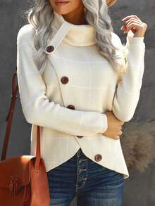 Plaid Pattern Button Detail Turtleneck Asymmetrical Hem Sweater