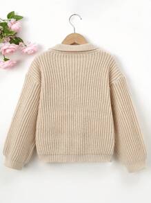 SHEIN Tween Girls Ribbed Knit Drop Shoulder Sweater - Khaki - View 2