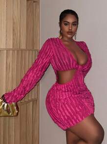 Slaydiva Slayr 大码度假和优雅性感派对迷你连衣裙，纯粉色，低胸领口，镂空腰部，透明面料 - 玫紅色 - 查看 4