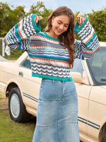 Soleia Geo Pattern Drop Shoulder Sweater - Multicolor - View 1
