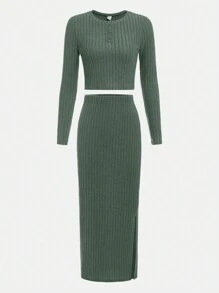 青少年女孩素色T恤和高衩半身裙 - 綠色 - 查看 4