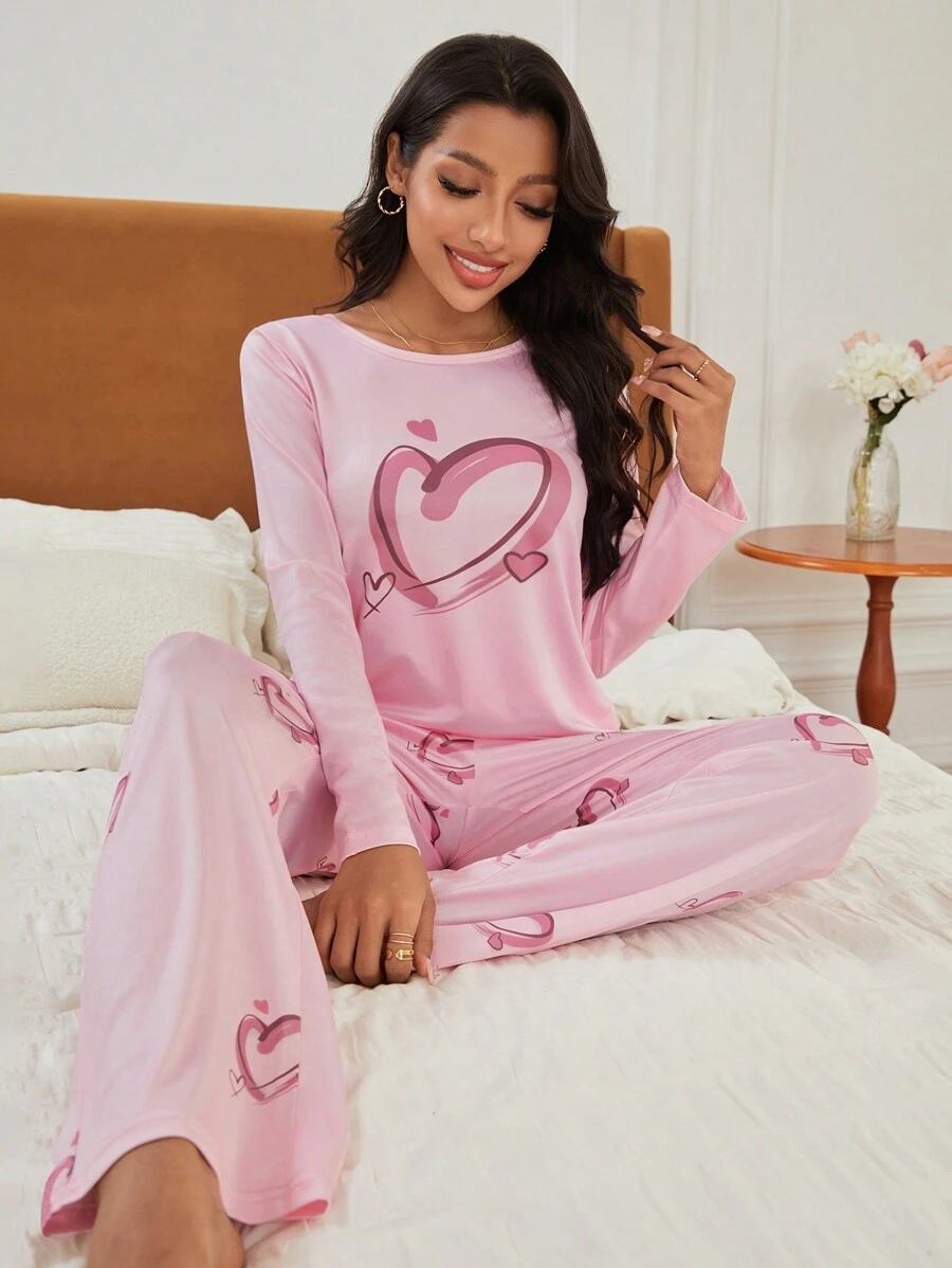 In Trái tim Bộ áo Tee & quần PJ - Hồng - Xem 1