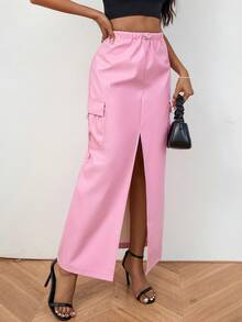 SHEIN EZwear Flap Pocket Split Thigh Flap Pocket Side Cargo Skirt - Baby Pink - View 6
