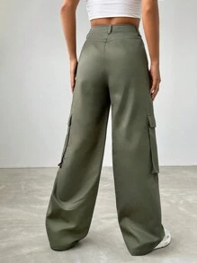 SHEIN EZwear Flap Pocket Side Cargo Pants - Army Green - View 2