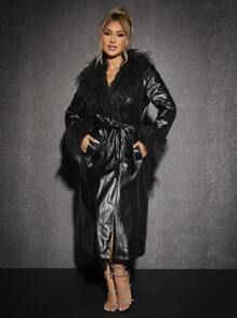 SHEIN SXY Trang trí Fuzzy Thắt lưng chất liệu da PU áo - màu đen - Xem 6