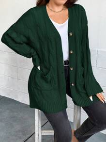 SHEIN Clasi Talla grande Cárdigan tejido de cable de hombros caídos con parche de bolsillo - Verde Oscuro - Ver 4