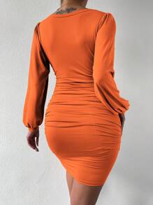 Chiquease Plunging Neck Lantern Sleeve Ruched Bodycon Dress - Orange - View 2