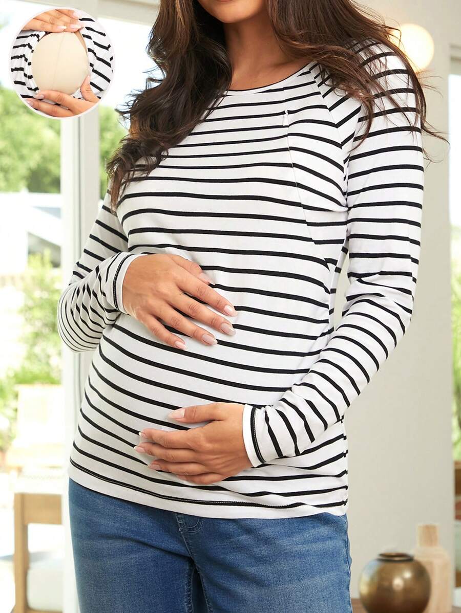 SHEIN Chi tiết in sọc dành cho bà bầu Áo thun Slim Fit - trắng - Xem 1