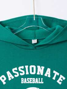 SHEIN 青少年女孩字母圖案袋鼠口袋落肩袖連帽衫 - 綠色 - 查看 3