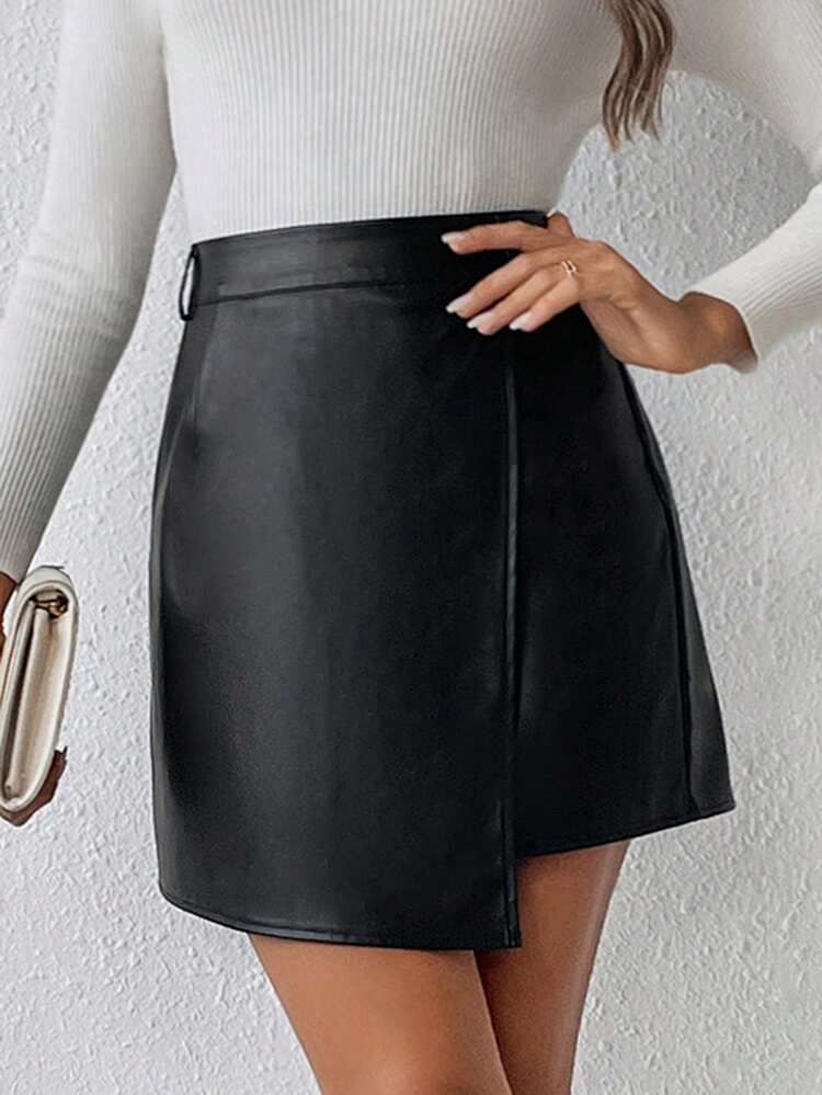 High Waist Wrap Hem PU Leather Skirt Winter Black Casual