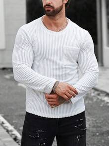 Manfinity Homme Nam In sọc Vá Túi Áo thun - trắng - Xem 6