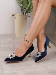 2023 New Arrival Rhinestone Decorated Elegant High Heels With Pointed Toe, Fashionable All-match Lightly Grained Pu Leather Women's Shoes - Royal Blue - View 6