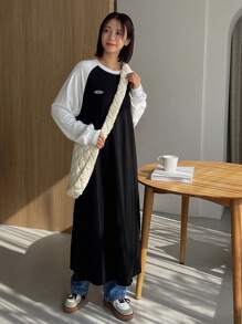 FRIFUL Letter Patched Raglan Sleeve Dress,Fall Clothes - Black - View 6