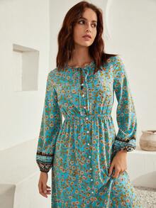 Bohemela 小碎花燈籠袖荷葉邊洋裝不附腰帶