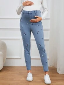 SHEIN 孕婦高腰花卉刺繡緊身牛仔褲 - 淺色水洗藍 - 查看 2
