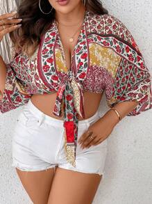 SHEIN VCAY Plus Floral Print Batwing Sleeve Knot Front Crop Blouse - Multicolor - View 4