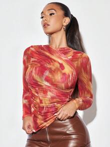 SHEIN BAE Nhuộm buộc Viền ven Áo thun - trái cam - Xem 1