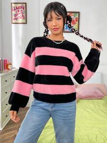 SHEIN EZwear Two Tone Drop Shoulder Fuzzy Sweater - Pink - View 4