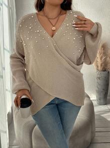 SHEIN Clasi Plus Pearls Beaded Crossover Drop Shoulder Sweater, For Winter - Khaki - View 4