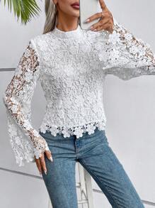 SHEIN Privé 小高領提花蕾絲襯衫 - 白色 - 查看 6