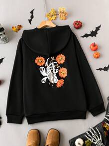 SHEIN LUNE Plus Halloween Print Zip Up Hooded Jacket - Black - View 1