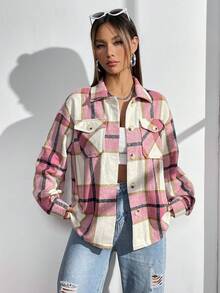 SHEIN Unity 格紋印花翻蓋口袋落肩袖襯衫 - 粉色 - 查看 5