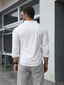 Hombres Camisa unicolor con botón - Blanco - Ver 2