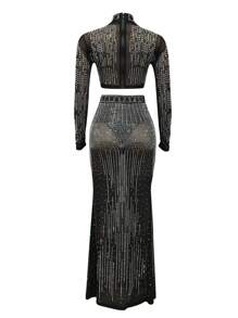 2pcs/Set Women Rhinestone Mesh Sheer Long Sleeve Mock Neck Cropped Top And Midi Skirt - Black - View 6