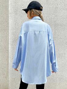 GENKIRA Striped Flap Pocket Drop Shoulder Shirt Fall Cloth For Women - Multicolor - View 3