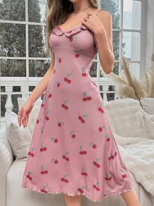 Cherry Print Ruffle Trim Cami Pajama Nightdress Long Dress - Pink - View 4