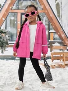 SHEIN Young Girl Contrast Tape Snap Button Hooded Coat,In Fall/Winter - Hot Pink - View 5
